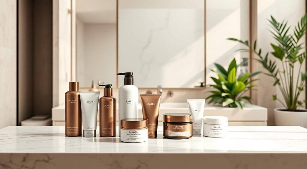 A luxurious, spa-like bathroom setting featuring an array of meticulously arranged haircare products designed to address severely damaged hair. In the foreground, a selection of high-end shampoos, conditioners, and hair masks in sleek, minimalist packaging lie atop a marble countertop, bathed in soft, diffused lighting. In the middle ground, a large mirror reflects the scene, creating a sense of depth and reflection. The background showcases a soothing, neutral-toned tile wall, complemented by lush greenery in the form of potted plants, evoking a serene, rejuvenating atmosphere. The overall composition conveys a sense of expert haircare, pampering, and a commitment to restoring the health and vitality of severely damaged hair. Comment réparer efficacement des cheveux très abîmés par les décolorations
