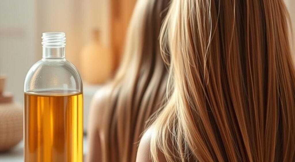 A luxuriously moisturizing hair treatment, glowing with a soft, natural radiance. In the foreground, a translucent glass bottle with a golden-hued liquid inside, reflecting the warm lighting. The middle ground features lush, nourished strands of hair, each strand shimmering with healthy shine. In the background, a serene, spa-like setting with natural wooden accents and soft, diffused lighting, creating a calming, indulgent atmosphere. The image conveys a sense of rejuvenation and deep conditioning, perfectly capturing the essence of a nourishing après-shampooing treatment. 5 astuces simples pour booster la brillance de vos cheveux colorés