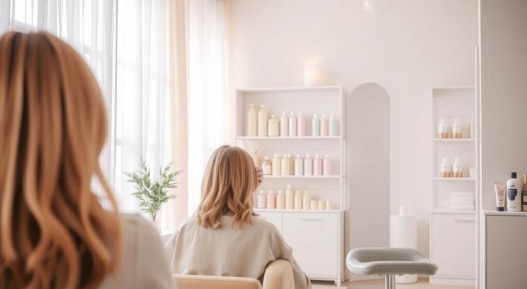 A pastel-colored salon interior, illuminated by soft natural light filtering through gauzy curtains. In the foreground, a professional stylist carefully applies tinted treatments to a client's hair, their faces reflected in the mirror. The middle ground features shelves stocked with pastel-hued hair products, while the background showcases a serene, minimalist decor with muted tones and clean lines. The atmosphere exudes a sense of relaxation and care, perfectly suited for maintaining delicate pastel hair colors. A pastel-colored salon interior, illuminated by soft natural light filtering through gauzy curtains. In the foreground, a professional stylist carefully applies tinted treatments to a client's hair, their faces reflected in the mirror. The middle ground features shelves stocked with pastel-hued hair products, while the background showcases a serene, minimalist decor with muted tones and clean lines. The atmosphere exudes a sense of relaxation and care, perfectly suited for maintaining delicate pastel hair colors.