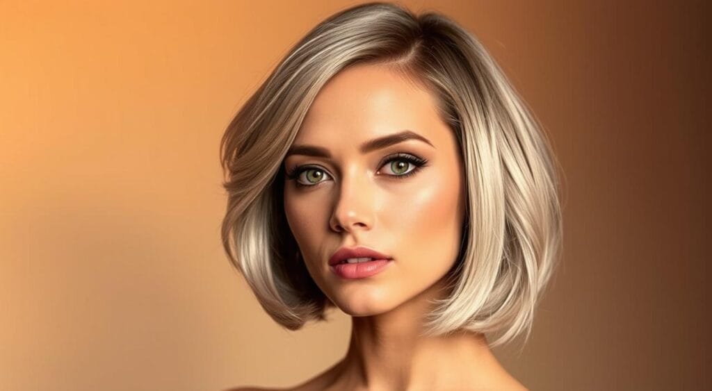 A poised woman with a chic, silver-toned bob hairstyle, her hair softly waving and gleaming under warm, studio lighting. Her makeup is flawless, with a subtle smoky eye and glossy nude lips. The subject's gaze is serene and confident, capturing the elegance of the "Silver Shadow" aesthetic. The background is a simple, studio-style setting, with soft, diffused lighting creating a sense of timeless sophistication. The overall mood is one of understated glamour and refined style. A poised woman with a chic, silver-toned bob hairstyle, her hair softly waving and gleaming under warm, studio lighting. Her makeup is flawless, with a subtle smoky eye and glossy nude lips. The subject's gaze is serene and confident, capturing the elegance of the "Silver Shadow" aesthetic. The background is a simple, studio-style setting, with soft, diffused lighting creating a sense of timeless sophistication. The overall mood is one of understated glamour and refined style.