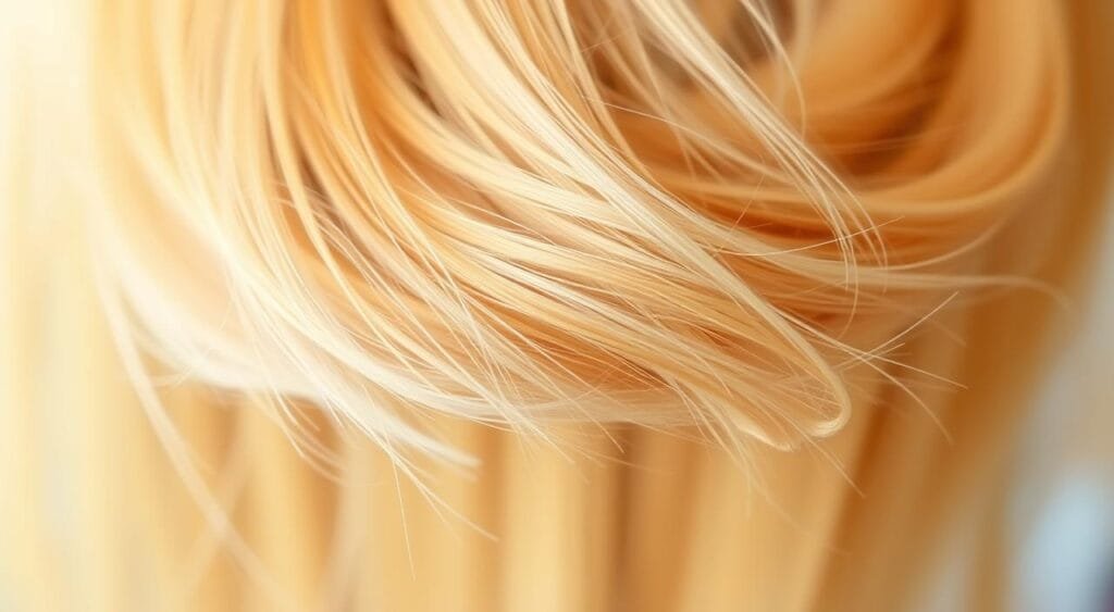 A poorly bleached hairstrand, displaying uneven discoloration, patchy tones, and a brassy, orange-yellow hue. The damaged hair strands appear dry, frayed, and brittle, suggesting an inadequate processing time during the bleaching procedure. The image is captured in soft, diffused lighting, highlighting the unnatural, unsightly appearance of the mishandled coloring. The focus is on the improperly bleached section, with the background blurred to emphasize the central subject and convey a sense of the detrimental consequences of not respecting the necessary pause time during a hair decoloration process. A poorly bleached hairstrand, displaying uneven discoloration, patchy tones, and a brassy, orange-yellow hue. The damaged hair strands appear dry, frayed, and brittle, suggesting an inadequate processing time during the bleaching procedure. The image is captured in soft, diffused lighting, highlighting the unnatural, unsightly appearance of the mishandled coloring. The focus is on the improperly bleached section, with the background blurred to emphasize the central subject and convey a sense of the detrimental consequences of not respecting the necessary pause time during a hair decoloration process.