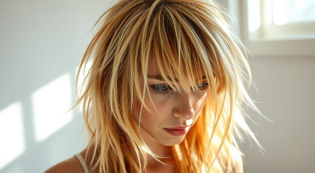 A poorly executed bleach job, hair strands haphazardly discolored and fraying. Uneven patches of blond and brown tones clash in an unsightly manner. Sunlight streams through a window, casting harsh shadows that accentuate the unnatural, splotchy appearance. The model's expression conveys a mix of frustration and resignation, staring wearily at their damaged tresses. The background is a simple, clean room, allowing the focal point of the botched dye job to take center stage. A subtle vignette effect adds a sense of drama to the scene, drawing the viewer's eye to the imperfect coiffure. A poorly executed bleach job, hair strands haphazardly discolored and fraying. Uneven patches of blond and brown tones clash in an unsightly manner. Sunlight streams through a window, casting harsh shadows that accentuate the unnatural, splotchy appearance. The model's expression conveys a mix of frustration and resignation, staring wearily at their damaged tresses. The background is a simple, clean room, allowing the focal point of the botched dye job to take center stage. A subtle vignette effect adds a sense of drama to the scene, drawing the viewer's eye to the imperfect coiffure.