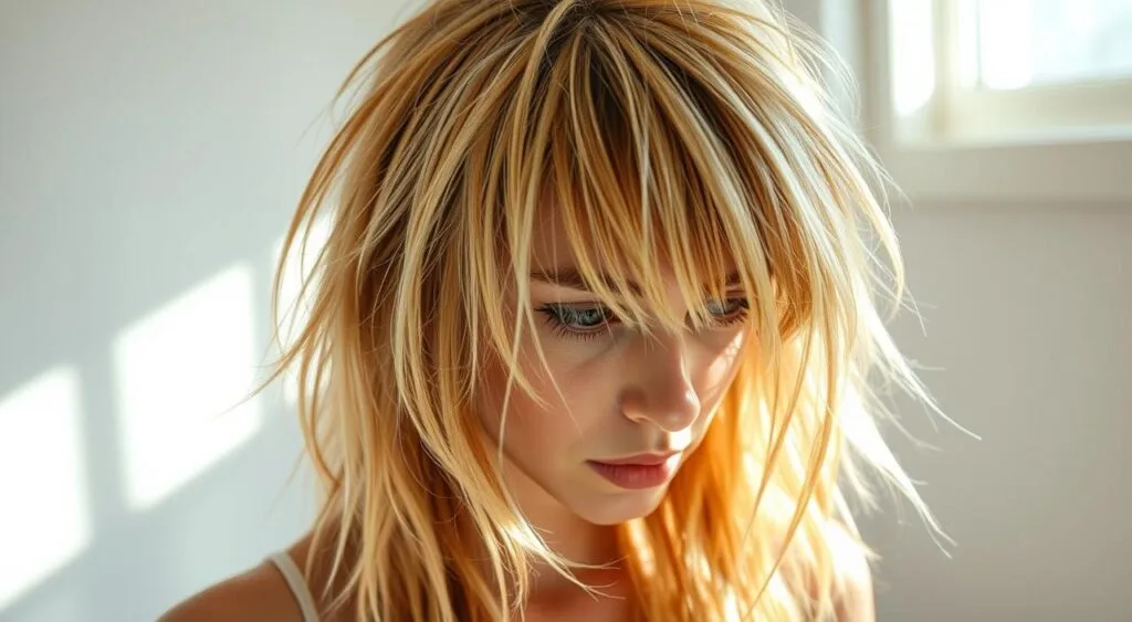 A poorly executed bleach job, hair strands haphazardly discolored and fraying. Uneven patches of blond and brown tones clash in an unsightly manner. Sunlight streams through a window, casting harsh shadows that accentuate the unnatural, splotchy appearance. The model's expression conveys a mix of frustration and resignation, staring wearily at their damaged tresses. The background is a simple, clean room, allowing the focal point of the botched dye job to take center stage. A subtle vignette effect adds a sense of drama to the scene, drawing the viewer's eye to the imperfect coiffure. A poorly executed bleach job, hair strands haphazardly discolored and fraying. Uneven patches of blond and brown tones clash in an unsightly manner. Sunlight streams through a window, casting harsh shadows that accentuate the unnatural, splotchy appearance. The model's expression conveys a mix of frustration and resignation, staring wearily at their damaged tresses. The background is a simple, clean room, allowing the focal point of the botched dye job to take center stage. A subtle vignette effect adds a sense of drama to the scene, drawing the viewer's eye to the imperfect coiffure.