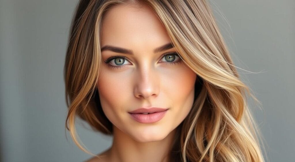 A portrait of a woman with beautiful, natural hair color. Soft, diffused lighting illuminates her face, bringing out the warm tones and subtle highlights in her hair. The background is a serene, out-of-focus setting, keeping the focus on her natural beauty. The angle is slightly from above, creating a flattering perspective. The overall mood is one of natural elegance and simplicity, conveying the essence of enhancing one's hair color without harsh chemical treatments. Comment éclaircir ses cheveux sans les décolorer complètement