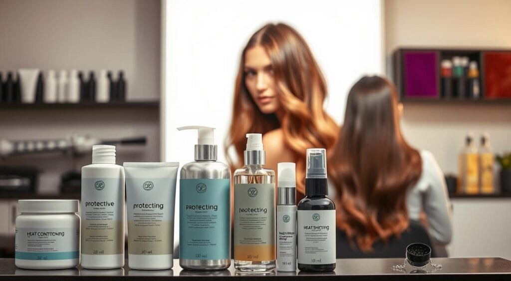 A professional salon setting with a bright, well-lit backdrop. In the foreground, an array of protective hair care products are neatly arranged, including a deep conditioning treatment, a strengthening serum, and a heat-shielding spray. The middle ground features a stylized model with healthy, shiny locks, showcasing the results of these protective solutions. The background subtly hints at the process of hair coloring, with soft, diffused lighting and a minimalist, clean aesthetic. The overall mood is one of confidence, expertise, and dedication to hair health and integrity. A professional salon setting with a bright, well-lit backdrop. In the foreground, an array of protective hair care products are neatly arranged, including a deep conditioning treatment, a strengthening serum, and a heat-shielding spray. The middle ground features a stylized model with healthy, shiny locks, showcasing the results of these protective solutions. The background subtly hints at the process of hair coloring, with soft, diffused lighting and a minimalist, clean aesthetic. The overall mood is one of confidence, expertise, and dedication to hair health and integrity.