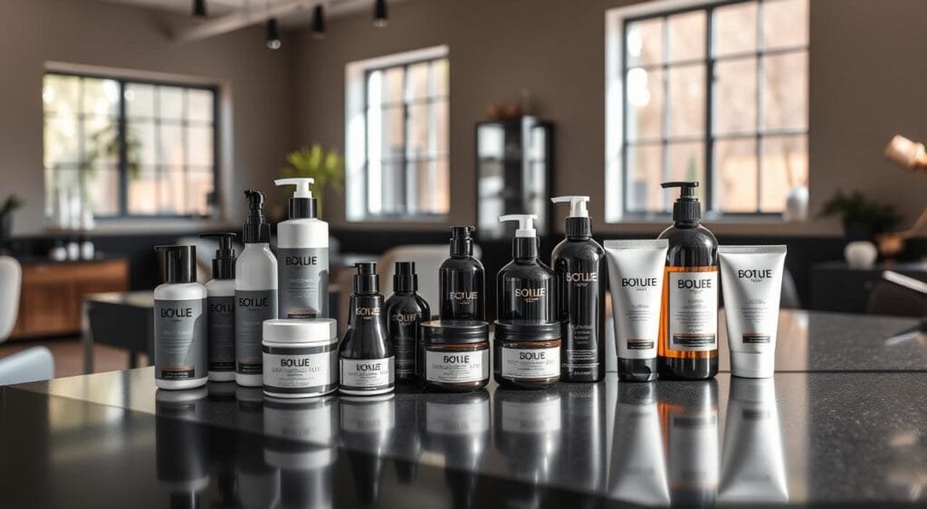 A professional salon setting with a selection of high-quality hair treatment products prominently displayed on a sleek, modern black countertop. Soft, natural lighting from large windows illuminates the array of bottles, jars, and tubes, highlighting their premium textures and packaging designs. In the background, a minimalist, spa-like atmosphere with muted tones and simple decor creates a calming, restorative ambiance. The overall composition emphasizes the expertise and care associated with professional hair treatments, conveying a sense of rejuvenation and transformation for damaged, color-treated locks. Comment réparer efficacement des cheveux très abîmés par les décolorations