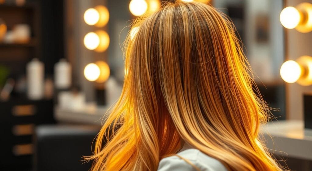 A professional salon setting with warm, soft lighting illuminating a woman's golden-toned hair as she sits in a salon chair. The image captures the reflections of the light on the freshly applied hair treatment, creating a glowing, radiant effect. The background is blurred, keeping the focus on the hair and creating a sense of depth. The overall mood is one of relaxation and transformation, with the vibrant yellow hues conveying a sense of rejuvenation and renewed vibrancy. A professional salon setting with warm, soft lighting illuminating a woman's golden-toned hair as she sits in a salon chair. The image captures the reflections of the light on the freshly applied hair treatment, creating a glowing, radiant effect. The background is blurred, keeping the focus on the hair and creating a sense of depth. The overall mood is one of relaxation and transformation, with the vibrant yellow hues conveying a sense of rejuvenation and renewed vibrancy.