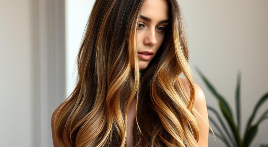 A radiant balayage with caramel highlights, creating a warm, natural-looking gradient across long, silky hair. Soft, diffused lighting gently illuminates the strands, capturing the subtle dimension and glossy reflections. The model's elegant, relaxed pose allows the color to take center stage, giving an effortless, trendy vibe. The background is pleasantly blurred, keeping the focus on the beautiful, dimensional hair color. A quintessential look embraced by lifestyle influencers, exuding confidence and a touch of bohemian flair. A radiant balayage with caramel highlights, creating a warm, natural-looking gradient across long, silky hair. Soft, diffused lighting gently illuminates the strands, capturing the subtle dimension and glossy reflections. The model's elegant, relaxed pose allows the color to take center stage, giving an effortless, trendy vibe. The background is pleasantly blurred, keeping the focus on the beautiful, dimensional hair color. A quintessential look embraced by lifestyle influencers, exuding confidence and a touch of bohemian flair.