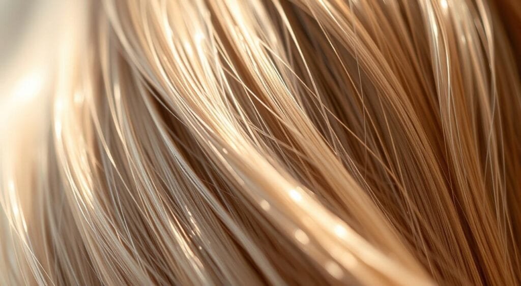 A serene close-up shot of freshly washed, naturally lustrous hair in soft focus. The strands glisten with healthy shine, reflecting dappled natural light. The hair appears smooth, soft, and supple, with no visible signs of damage or dryness. The focus is on the mesmerizing, shimmering texture, giving the viewer a sense of the hair's vibrant, vibrant vitality. A warm, soothing color palette evokes a sense of nourishment and radiance. The image conveys the ideal of effortlessly beautiful, naturally radiant hair achieved through gentle, effective hair care. 5 astuces simples pour booster la brillance de vos cheveux colorés