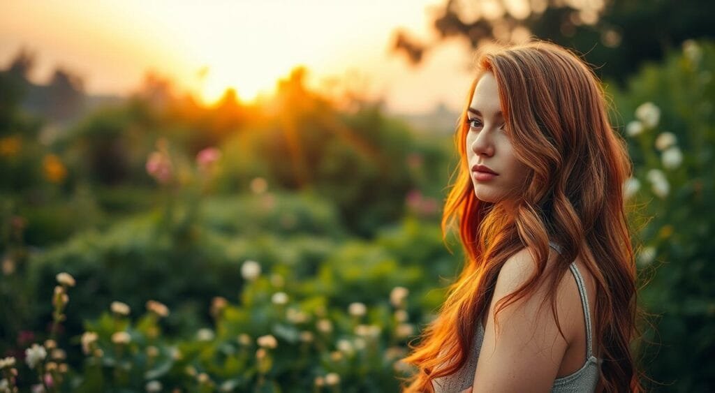 A serene natural landscape unfolds, showcasing the current challenges of transitioning to more natural hair coloration. In the foreground, a woman with vibrant auburn locks stands thoughtfully, her gaze reflecting the complexities of this journey. The middle ground reveals a lush garden, where verdant foliage and delicate flowers intertwine, symbolizing the gentle, organic process of change. In the background, a warm, golden-hued sunset casts a soft, ethereal glow, conveying a sense of hope and the promise of a more harmonious, nature-inspired aesthetic. Soft, diffused lighting accentuates the natural tones, while a wide-angle lens captures the scene's depth and grandeur. The overall atmosphere is one of contemplation, authenticity, and the quiet determination to embrace a more sustainable, eco-conscious approach to hair coloration. A serene natural landscape unfolds, showcasing the current challenges of transitioning to more natural hair coloration. In the foreground, a woman with vibrant auburn locks stands thoughtfully, her gaze reflecting the complexities of this journey. The middle ground reveals a lush garden, where verdant foliage and delicate flowers intertwine, symbolizing the gentle, organic process of change. In the background, a warm, golden-hued sunset casts a soft, ethereal glow, conveying a sense of hope and the promise of a more harmonious, nature-inspired aesthetic. Soft, diffused lighting accentuates the natural tones, while a wide-angle lens captures the scene's depth and grandeur. The overall atmosphere is one of contemplation, authenticity, and the quiet determination to embrace a more sustainable, eco-conscious approach to hair coloration.