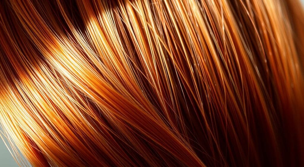 A serene, natural-lit close-up of vibrant, healthy-looking hair strands in various shades of auburn, copper, and caramel. The hair glistens with a radiant, hydrated shine, its individual fibers visible in crisp detail. Soft, diffused lighting from the side creates subtle shadows, accentuating the hair's dimensional structure and luscious texture. The hair appears freshly shampooed, with a hint of natural oils that enhance its lustrous appearance. The overall composition has a calming, spa-like ambiance, evoking a sense of nourishment and rejuvenation for color-treated tresses. A serene, natural-lit close-up of vibrant, healthy-looking hair strands in various shades of auburn, copper, and caramel. The hair glistens with a radiant, hydrated shine, its individual fibers visible in crisp detail. Soft, diffused lighting from the side creates subtle shadows, accentuating the hair's dimensional structure and luscious texture. The hair appears freshly shampooed, with a hint of natural oils that enhance its lustrous appearance. The overall composition has a calming, spa-like ambiance, evoking a sense of nourishment and rejuvenation for color-treated tresses.