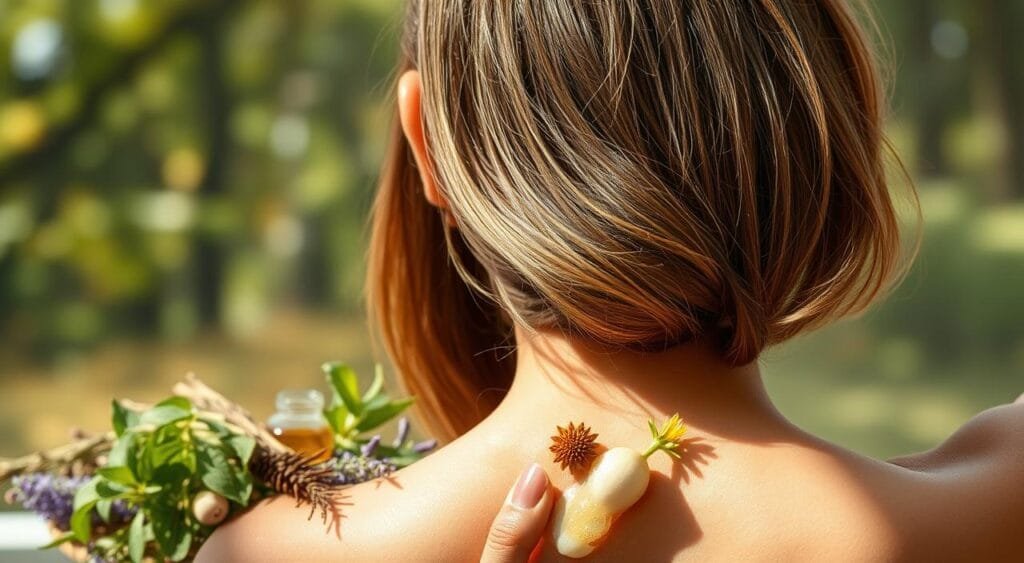 A serene, natural scene of a person carefully tending to their gently sun-kissed hair. In the foreground, delicate fingertips massage a nourishing hair oil or mask into the strands, coaxing out a healthy glow. The middle ground features a selection of botanicals - herbs, flowers, and fruits - used in the respectful hair care routine. In the soft, diffused background, a sunlit window or forest canopy sets a calming, restorative mood. Warm, natural lighting caresses the scene, casting gentle shadows and highlights. This image conveys a sense of mindful, sustainable hair care that enhances one's natural beauty. Comment éclaircir ses cheveux sans les décolorer complètement