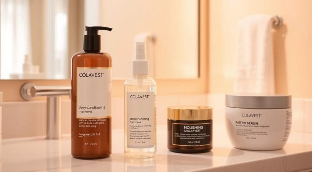 A serene, well-lit bathroom interior with a vanity countertop featuring several hair care products - a deep-conditioning treatment, a smoothing serum, and a nourishing hair mask. The products are positioned against a soft, pastel-toned backdrop, creating a calming, spa-like atmosphere. The lighting is warm and diffused, casting a gentle glow on the scene. The overall composition showcases the restorative, post-bleaching hair care regimen in a clean, minimalist setting, inviting the viewer to envision the rejuvenating experience. A serene, well-lit bathroom interior with a vanity countertop featuring several hair care products - a deep-conditioning treatment, a smoothing serum, and a nourishing hair mask. The products are positioned against a soft, pastel-toned backdrop, creating a calming, spa-like atmosphere. The lighting is warm and diffused, casting a gentle glow on the scene. The overall composition showcases the restorative, post-bleaching hair care regimen in a clean, minimalist setting, inviting the viewer to envision the rejuvenating experience.