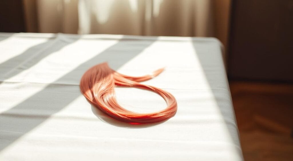 A serene white tablecloth in soft focus, its crisp edges and delicate folds casting gentle shadows. In the center, a lock of vibrant hair cascades, its color a key highlight that draws the eye. Warm, natural lighting illuminates the scene, creating a sense of tranquility and elegance. The composition is balanced, with the hair artfully framed by the neutral backdrop, inviting the viewer to contemplate the interplay of texture, color, and tone. This image aims to visually convey the thoughtful process of choosing the perfect hair color to complement one's complexion. A serene white tablecloth in soft focus, its crisp edges and delicate folds casting gentle shadows. In the center, a lock of vibrant hair cascades, its color a key highlight that draws the eye. Warm, natural lighting illuminates the scene, creating a sense of tranquility and elegance. The composition is balanced, with the hair artfully framed by the neutral backdrop, inviting the viewer to contemplate the interplay of texture, color, and tone. This image aims to visually convey the thoughtful process of choosing the perfect hair color to complement one's complexion.