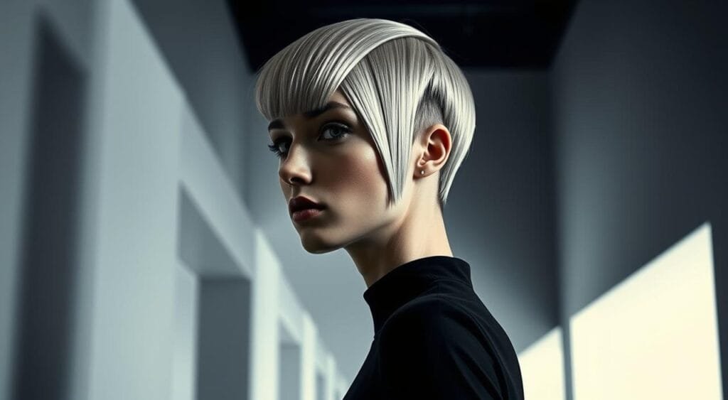 A sleek, futuristic hairstyle with structured layers and geometric shapes, lit by a dramatic chiaroscuro lighting that casts bold shadows, creating a bold, retro-futuristic aesthetic. The model is positioned in an angular, architectural setting with clean lines and a minimalist, high-contrast environment, emphasizing the avant-garde, cutting-edge nature of the hairstyle. The overall mood is one of modern sophistication, technical precision, and a sense of timeless, futuristic style. A sleek, futuristic hairstyle with structured layers and geometric shapes, lit by a dramatic chiaroscuro lighting that casts bold shadows, creating a bold, retro-futuristic aesthetic. The model is positioned in an angular, architectural setting with clean lines and a minimalist, high-contrast environment, emphasizing the avant-garde, cutting-edge nature of the hairstyle. The overall mood is one of modern sophistication, technical precision, and a sense of timeless, futuristic style.