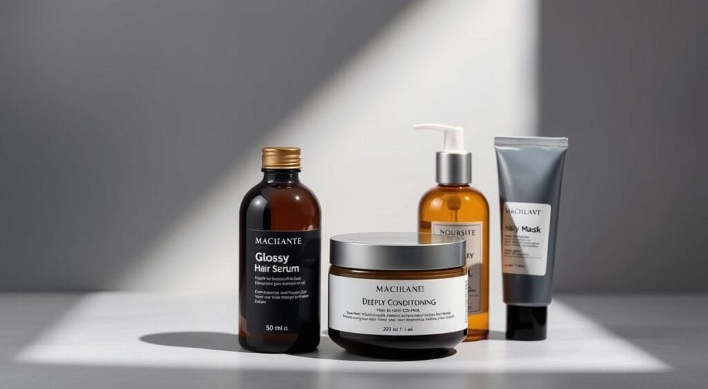 A sleek, minimalist still life scene showcasing a collection of leave-in hair care products. In the foreground, a bottle of glossy hair serum, a jar of deeply conditioning hair mask, and a tube of nourishing hair oil are artfully arranged on a muted grey background. Soft, directional lighting from the side creates subtle shadows and highlights the luxurious textures of the products. The composition is balanced and symmetrical, evoking a sense of calmness and sophistication. The overall mood is one of effortless, salon-quality hair care that can be achieved without the need for rinsing. A sleek, minimalist still life scene showcasing a collection of leave-in hair care products. In the foreground, a bottle of glossy hair serum, a jar of deeply conditioning hair mask, and a tube of nourishing hair oil are artfully arranged on a muted grey background. Soft, directional lighting from the side creates subtle shadows and highlights the luxurious textures of the products. The composition is balanced and symmetrical, evoking a sense of calmness and sophistication. The overall mood is one of effortless, salon-quality hair care that can be achieved without the need for rinsing.