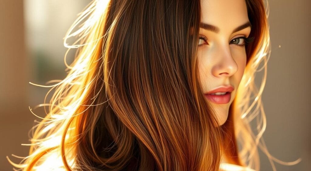 A smooth, glossy chestnut brown hair cascading in luscious waves, reflecting the warm glow of a sun-dappled afternoon. The strands shimmer with golden highlights, creating a sophisticated, multidimensional hue reminiscent of rich chocolate. The model's face is framed by a flattering side part, complementing the delicate features and serene expression. Soft, diffused lighting creates a luminous, elegant atmosphere, accentuating the luxurious texture and depth of the "brun chocolat" color. The overall impression is one of timeless refinement and understated glamour, befitting a star gracing the red carpet. Les couleurs de cheveux stars des tapis rouges