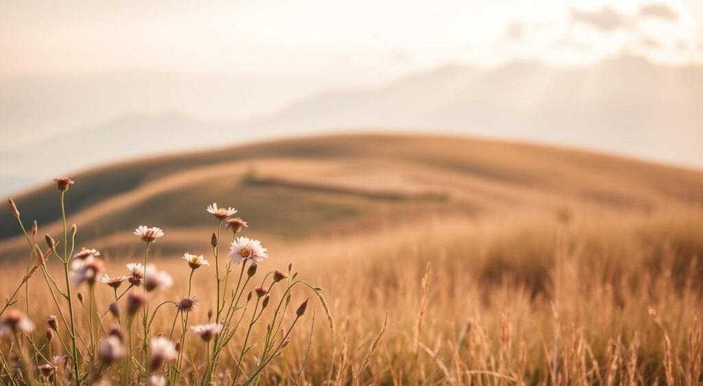A soft, pastel-hued naturalistic landscape. In the foreground, delicate wildflowers in muted shades of pink, blue, and lavender sway gently in a light breeze. The middle ground features a rolling grassy hill with a subtle, impressionistic texture, bathed in warm, diffuse sunlight. In the background, hazy mountains rise up, their peaks obscured by wispy clouds. The overall scene has a serene, dreamlike quality, with a muted color palette and a sense of tranquility. Captured with a wide-angle lens to convey a sense of peaceful expansiveness. A soft, pastel-hued naturalistic landscape. In the foreground, delicate wildflowers in muted shades of pink, blue, and lavender sway gently in a light breeze. The middle ground features a rolling grassy hill with a subtle, impressionistic texture, bathed in warm, diffuse sunlight. In the background, hazy mountains rise up, their peaks obscured by wispy clouds. The overall scene has a serene, dreamlike quality, with a muted color palette and a sense of tranquility. Captured with a wide-angle lens to convey a sense of peaceful expansiveness.