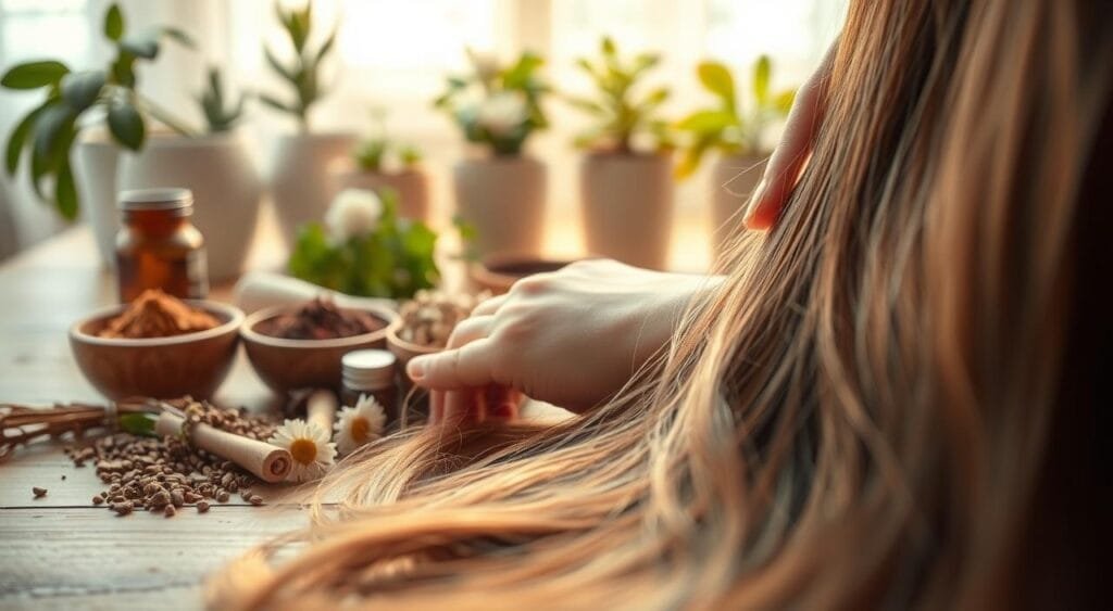 A softly lit, close-up scene showcasing the step-by-step process of a natural hair coloring technique. In the foreground, a model's hand gently applying a natural dye formula to strands of silky hair. Behind, various natural ingredients like henna, chamomile, and indigo lie neatly arranged, their earthy tones complementing the warm lighting. In the background, a serene, nature-inspired setting with potted plants and soft, diffused lighting, creating a calming, organic atmosphere. The overall mood is soothing and intimate, inviting the viewer to discover the gentle, step-by-step journey to a more natural hair color. A softly lit, close-up scene showcasing the step-by-step process of a natural hair coloring technique. In the foreground, a model's hand gently applying a natural dye formula to strands of silky hair. Behind, various natural ingredients like henna, chamomile, and indigo lie neatly arranged, their earthy tones complementing the warm lighting. In the background, a serene, nature-inspired setting with potted plants and soft, diffused lighting, creating a calming, organic atmosphere. The overall mood is soothing and intimate, inviting the viewer to discover the gentle, step-by-step journey to a more natural hair color.
