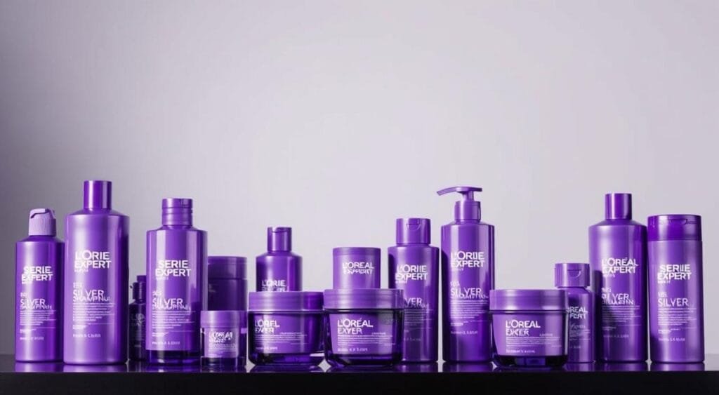 A sophisticated still life of violet-hued hair care products from the L'Oréal Professionnel Serie Expert Silver line. The foreground features an array of carefully arranged bottles and jars, their vibrant purple tones catching the soft, diffused lighting from an overhead studio setup. The midground showcases a sleek, minimalist background in neutral tones, allowing the products to take center stage. The overall composition conveys a sense of premium quality and professional-grade haircare, perfectly suited to illustrate the section on effective violet shampoos for neutralizing brassy tones. A sophisticated still life of violet-hued hair care products from the L'Oréal Professionnel Serie Expert Silver line. The foreground features an array of carefully arranged bottles and jars, their vibrant purple tones catching the soft, diffused lighting from an overhead studio setup. The midground showcases a sleek, minimalist background in neutral tones, allowing the products to take center stage. The overall composition conveys a sense of premium quality and professional-grade haircare, perfectly suited to illustrate the section on effective violet shampoos for neutralizing brassy tones.