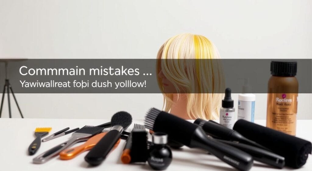 A spacious, well-lit studio setting showcasing common mistakes to avoid when neutralizing yellow tones. In the foreground, a variety of styling tools - brushes, combs, and color-correcting products - are neatly arranged on a clean, white countertop. In the middle ground, a model's head with freshly bleached hair is tilted slightly, revealing the uneven yellow and brassy tones that need to be neutralized. The background features a simple, neutral-toned backdrop, creating a sense of focus on the hair and the corrective products. The overall mood is professional, educational, and visually appealing, guiding the viewer through the dos and don'ts of yellow tone removal. A spacious, well-lit studio setting showcasing common mistakes to avoid when neutralizing yellow tones. In the foreground, a variety of styling tools - brushes, combs, and color-correcting products - are neatly arranged on a clean, white countertop. In the middle ground, a model's head with freshly bleached hair is tilted slightly, revealing the uneven yellow and brassy tones that need to be neutralized. The background features a simple, neutral-toned backdrop, creating a sense of focus on the hair and the corrective products. The overall mood is professional, educational, and visually appealing, guiding the viewer through the dos and don'ts of yellow tone removal.