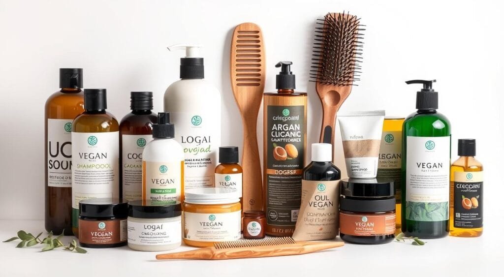 A still life arrangement of various vegan hair care products arranged on a white background. In the foreground, an assortment of shampoo bottles, conditioners, and hair masks with natural, plant-based ingredients like coconut, argan, and jojoba oils. The middle ground features a hairbrush and a comb made of sustainable materials. The background is softly lit, creating a clean, minimalist atmosphere that showcases the organic, eco-friendly nature of the vegan hair care items. The overall composition emphasizes the diversity and effectiveness of cruelty-free, sustainable hair care solutions. A still life arrangement of various vegan hair care products arranged on a white background. In the foreground, an assortment of shampoo bottles, conditioners, and hair masks with natural, plant-based ingredients like coconut, argan, and jojoba oils. The middle ground features a hairbrush and a comb made of sustainable materials. The background is softly lit, creating a clean, minimalist atmosphere that showcases the organic, eco-friendly nature of the vegan hair care items. The overall composition emphasizes the diversity and effectiveness of cruelty-free, sustainable hair care solutions.