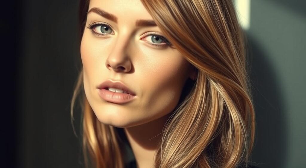 A striking portrait of a woman with a chic, side-swept bangs framing her face, highlighting her beautiful facial features and complexion. The lighting is soft and natural, casting a warm, ethereal glow on her skin. The camera angle is slightly elevated, creating a sense of elegance and refinement. The background is blurred, with muted tones that allow the subject to take center stage. The overall mood is one of sophistication and effortless style, perfectly capturing the essence of the "frange et coloration" trend. A striking portrait of a woman with a chic, side-swept bangs framing her face, highlighting her beautiful facial features and complexion. The lighting is soft and natural, casting a warm, ethereal glow on her skin. The camera angle is slightly elevated, creating a sense of elegance and refinement. The background is blurred, with muted tones that allow the subject to take center stage. The overall mood is one of sophistication and effortless style, perfectly capturing the essence of the "frange et coloration" trend.