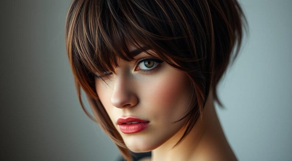 A stunning close-up portrait of a woman with short, richly colored hair, a deep chocolate hue with subtle warm undertones. The lighting is soft and diffused, creating a sense of depth and dimension, accentuating the intricate highlights and lowlights that dance across the strands. The woman's expression is serene, her gaze direct and captivating, drawing the viewer into the image. The background is blurred, keeping the focus solely on the mesmerizing coiffure. The overall effect is one of sophistication, elegance, and a touch of mystery, perfectly capturing the essence of the "Chocolate Dimension" hair trend. A stunning close-up portrait of a woman with short, richly colored hair, a deep chocolate hue with subtle warm undertones. The lighting is soft and diffused, creating a sense of depth and dimension, accentuating the intricate highlights and lowlights that dance across the strands. The woman's expression is serene, her gaze direct and captivating, drawing the viewer into the image. The background is blurred, keeping the focus solely on the mesmerizing coiffure. The overall effect is one of sophistication, elegance, and a touch of mystery, perfectly capturing the essence of the "Chocolate Dimension" hair trend.