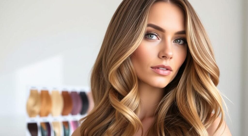 A stylish and vibrant portrait showcasing the latest hair coloring trends. In the foreground, a model with lush, multi-tonal locks, their glossy strands cascading in soft waves. The middle ground features an array of hair color samples, ranging from warm golds to cool lavenders, hinting at the diverse palette of modern hair dyes. In the background, a softly blurred studio setting, with a minimalist, light-filled backdrop that allows the subject to take center stage. Soft, directional lighting accentuates the model's radiant complexion and the shimmering highlights in their hair. The overall mood is one of chic sophistication, capturing the essence of current hair coloring fashions while prioritizing hair health and shine. A stylish and vibrant portrait showcasing the latest hair coloring trends. In the foreground, a model with lush, multi-tonal locks, their glossy strands cascading in soft waves. The middle ground features an array of hair color samples, ranging from warm golds to cool lavenders, hinting at the diverse palette of modern hair dyes. In the background, a softly blurred studio setting, with a minimalist, light-filled backdrop that allows the subject to take center stage. Soft, directional lighting accentuates the model's radiant complexion and the shimmering highlights in their hair. The overall mood is one of chic sophistication, capturing the essence of current hair coloring fashions while prioritizing hair health and shine.