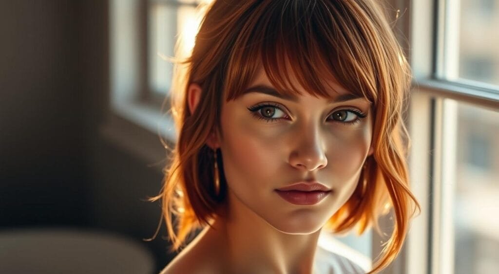 A stylish coupe with soft, wispy bangs framing a youthful, radiant face. The model's hair is a vibrant, glossy chestnut hue, highlighting their high cheekbones and luminous skin. Backlighting from a large window casts a warm, romantic glow, casting subtle shadows that define the facial features. The subject's expression is thoughtful yet confident, embodying the perfect balance of elegance and approachability. The composition emphasizes the focal point of the hairstyle, captured in a flattering three-quarter view. The scene conveys an aura of effortless beauty, ideal for showcasing a captivating new hair color and complementary cut. 5 idées de coupe de cheveux parfaites après une coloration