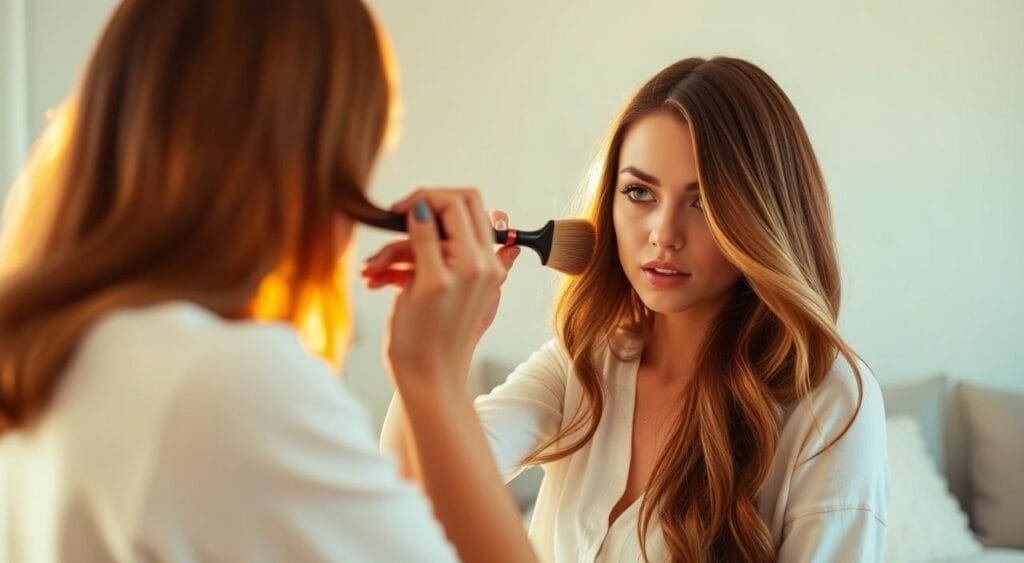 A stylish young woman carefully applying highlights to her hair, the warm sunlight streaming through the window casting a soft glow. She stands before a vanity mirror, her face in concentration as she guides the delicate balayage brush along the strands. The background features a cozy, minimal bedroom, with clean white walls and simple decor creating a serene, relaxing atmosphere. The scene conveys a sense of self-care and effortless beauty, perfectly capturing the essence of maintaining a beautiful, natural-looking hair color at home. A stylish young woman carefully applying highlights to her hair, the warm sunlight streaming through the window casting a soft glow. She stands before a vanity mirror, her face in concentration as she guides the delicate balayage brush along the strands. The background features a cozy, minimal bedroom, with clean white walls and simple decor creating a serene, relaxing atmosphere. The scene conveys a sense of self-care and effortless beauty, perfectly capturing the essence of maintaining a beautiful, natural-looking hair color at home.