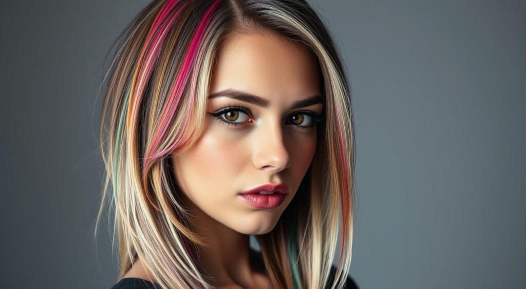 A stylish young woman with vibrant multi-colored highlights in her hair, captured in a well-lit, high-contrast studio portrait. The focal point is her striking hairstyle, featuring bold, face-framing bleached strands woven through her naturally dark hair, creating an eye-catching color-blocked effect. The lighting is dramatic, with soft shadows and a slight rim light accentuating the textural details of her locks. The model's gaze is pensive, her expression conveying a sense of confidence and flair. The background is a simple, neutral tone that allows the subject's hair to be the star of the composition. 7 inspirations coiffure pour cheveux décolorés