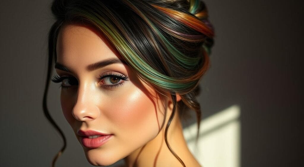 A stylized close-up portrait of a woman with vibrant, well-maintained colored hair, her locks styled in a protective coiffure. The lighting is soft and flattering, casting gentle shadows that emphasize the elegant contours of her face and hairstyle. The background is blurred and muted, keeping the focus on the subject's beautifully styled hair. The overall mood is one of refinement, highlighting how the protective hairstyle helps preserve the integrity and vibrancy of her colored tresses. A stylized close-up portrait of a woman with vibrant, well-maintained colored hair, her locks styled in a protective coiffure. The lighting is soft and flattering, casting gentle shadows that emphasize the elegant contours of her face and hairstyle. The background is blurred and muted, keeping the focus on the subject's beautifully styled hair. The overall mood is one of refinement, highlighting how the protective hairstyle helps preserve the integrity and vibrancy of her colored tresses.