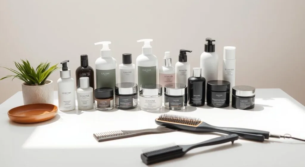 A tranquil morning routine, with a neatly arranged array of professional hair care products on a minimalist white table. Soft, diffused natural lighting illuminates the scene, creating a calming, spa-like atmosphere. In the foreground, a comb, brush, and a few select styling tools are precisely positioned, hinting at the thoughtful, intentional approach to one's daily hair care regimen. The middle ground features an assortment of bottles, jars, and tubes in a variety of shapes and sizes, each bearing a sleek, modern design that suggests their high-quality, salon-grade formulations. The background is a clean, uncluttered backdrop, allowing the products to take center stage and emphasize their essential role in the user's morning ritual. Top 7 des produits capillaires pro indispensables