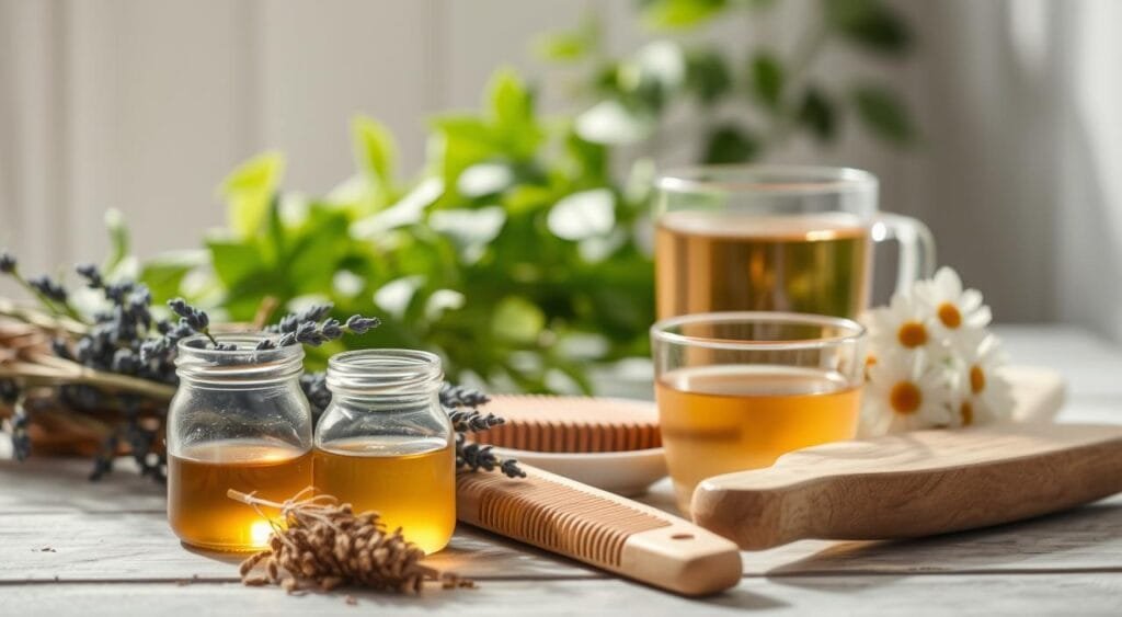 A tranquil still life scene showcasing natural solutions for maintaining ashy blonde hair. In the foreground, an assortment of organic hair care products - a jar of raw honey, a bundle of dried lavender, a dish of apple cider vinegar. Soft, diffused lighting bathes the scene, creating a warm, soothing atmosphere. In the middle ground, a wooden comb and natural bristle brush lie beside a glass of chamomile tea. The background features lush, verdant foliage, hinting at the restorative, nourishing properties of these natural remedies. The overall composition evokes a sense of simplicity, wellness, and the power of nature to revitalize and strengthen ashy blonde tresses. A tranquil still life scene showcasing natural solutions for maintaining ashy blonde hair. In the foreground, an assortment of organic hair care products - a jar of raw honey, a bundle of dried lavender, a dish of apple cider vinegar. Soft, diffused lighting bathes the scene, creating a warm, soothing atmosphere. In the middle ground, a wooden comb and natural bristle brush lie beside a glass of chamomile tea. The background features lush, verdant foliage, hinting at the restorative, nourishing properties of these natural remedies. The overall composition evokes a sense of simplicity, wellness, and the power of nature to revitalize and strengthen ashy blonde tresses.