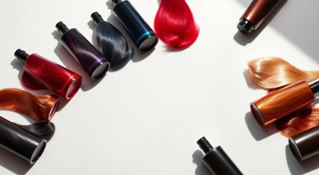 A vibrant and glossy semi-permanent hair color palette, beautifully displayed on a clean, minimalist white background. The bottles are arranged in an elegant, asymmetric composition, casting soft, directional shadows that create a sense of depth and dimension. The lighting is soft and diffused, highlighting the rich, saturated hues of the hair colors - from deep, luxurious brunettes to vibrant, eye-catching reds and blondes. The overall mood is one of sophistication, professionalism, and the promise of long-lasting, salon-quality color results. A vibrant and glossy semi-permanent hair color palette, beautifully displayed on a clean, minimalist white background. The bottles are arranged in an elegant, asymmetric composition, casting soft, directional shadows that create a sense of depth and dimension. The lighting is soft and diffused, highlighting the rich, saturated hues of the hair colors - from deep, luxurious brunettes to vibrant, eye-catching reds and blondes. The overall mood is one of sophistication, professionalism, and the promise of long-lasting, salon-quality color results.
