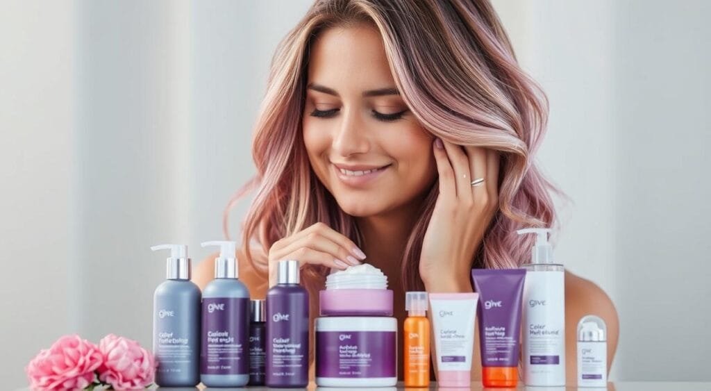 A vibrant and harmonious weekly haircare routine for color-treated locks. A radiant model with lush, luminous hair, her tresses gently cascading against a softly blurred backdrop. Soft, diffused lighting gently caresses her face and hair, creating a serene, inviting atmosphere. The model's expression is one of contentment and calm, as she thoughtfully applies a nourishing hair mask, her fingers tenderly working the product through her strands. In the foreground, an array of color-protecting shampoo, conditioner, and styling products are artfully arranged, hinting at the comprehensive regimen. The overall mood is one of tranquility and self-care, emphasizing the importance of a tailored routine for vibrant, healthy color-treated hair. A vibrant and harmonious weekly haircare routine for color-treated locks. A radiant model with lush, luminous hair, her tresses gently cascading against a softly blurred backdrop. Soft, diffused lighting gently caresses her face and hair, creating a serene, inviting atmosphere. The model's expression is one of contentment and calm, as she thoughtfully applies a nourishing hair mask, her fingers tenderly working the product through her strands. In the foreground, an array of color-protecting shampoo, conditioner, and styling products are artfully arranged, hinting at the comprehensive regimen. The overall mood is one of tranquility and self-care, emphasizing the importance of a tailored routine for vibrant, healthy color-treated hair.