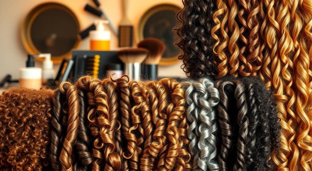 A vibrant and informative close-up image of various hair textures, showcasing diverse hairstyles and coloring techniques. The foreground features a diverse array of hair strands, each with unique curl patterns, density, and length, demonstrating how different coloring methods can be applied to achieve natural, blended results. The midground depicts various hair products, brushes, and tools used in the coloring process, while the background has a soft, out-of-focus studio setting, creating a professional, editorial atmosphere. Warm lighting illuminates the scene, accentuating the vibrancy and nuance of the hair textures. The overall composition is visually compelling and educational, perfectly suited to illustrate the section on "Adapting the technique according to hair texture and length" in the article. Guide : réussir ses mèches soi-même sans effet zèbre