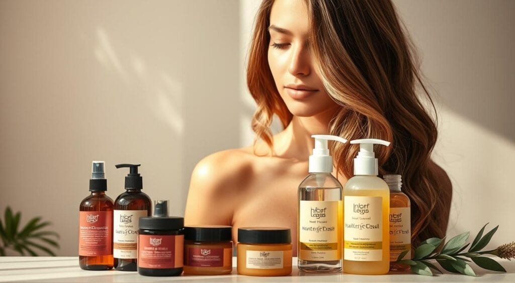 A vibrant and nourishing hair care routine set against a soft, diffused backdrop. In the foreground, an array of premium haircare products in warm, earthy tones - hair oils, masks, and serums. In the middle ground, a model with luscious, color-treated locks, gently styled with subtle waves. Soft, natural lighting filters through, creating a sense of tranquility and self-care. The atmosphere evokes a sanctuary of hair health and beauty, inspiring viewers to indulge in restorative haircare practices. A vibrant and nourishing hair care routine set against a soft, diffused backdrop. In the foreground, an array of premium haircare products in warm, earthy tones - hair oils, masks, and serums. In the middle ground, a model with luscious, color-treated locks, gently styled with subtle waves. Soft, natural lighting filters through, creating a sense of tranquility and self-care. The atmosphere evokes a sanctuary of hair health and beauty, inspiring viewers to indulge in restorative haircare practices.