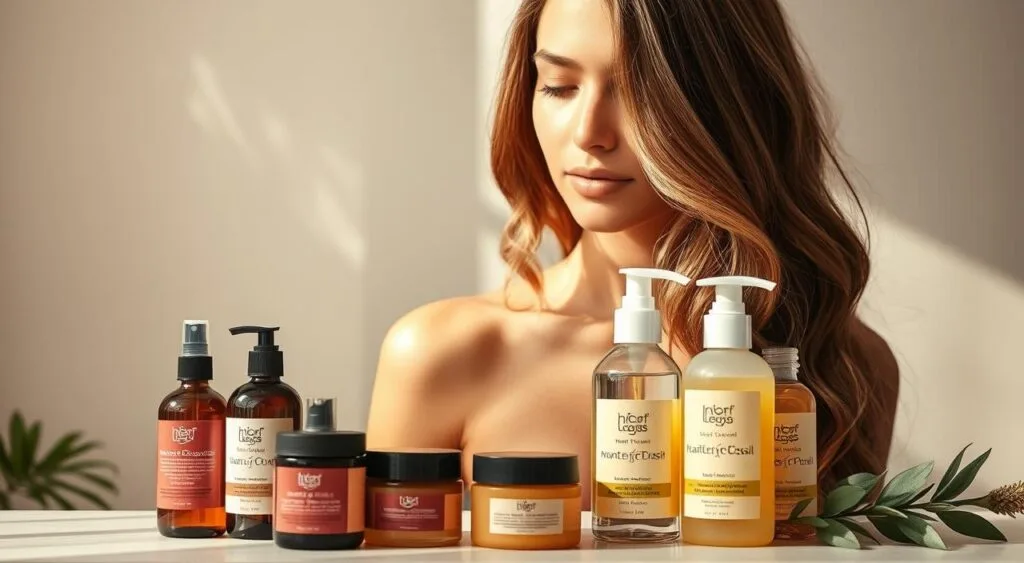 A vibrant and nourishing hair care routine set against a soft, diffused backdrop. In the foreground, an array of premium haircare products in warm, earthy tones - hair oils, masks, and serums. In the middle ground, a model with luscious, color-treated locks, gently styled with subtle waves. Soft, natural lighting filters through, creating a sense of tranquility and self-care. The atmosphere evokes a sanctuary of hair health and beauty, inspiring viewers to indulge in restorative haircare practices. A vibrant and nourishing hair care routine set against a soft, diffused backdrop. In the foreground, an array of premium haircare products in warm, earthy tones - hair oils, masks, and serums. In the middle ground, a model with luscious, color-treated locks, gently styled with subtle waves. Soft, natural lighting filters through, creating a sense of tranquility and self-care. The atmosphere evokes a sanctuary of hair health and beauty, inspiring viewers to indulge in restorative haircare practices.