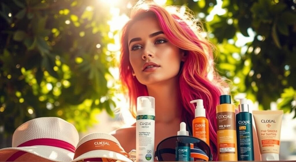 A vibrant and sun-kissed scene of a person with colorful hair, standing beneath a canopy of verdant foliage. Warm, diffused sunlight filters through the leaves, casting a gentle glow on the model's face and lush tresses. In the foreground, an array of sun protection products - hats, visors, and high-SPF hair serums - are neatly arranged, creating a visually appealing and informative display. The overall mood is one of relaxation and effortless glamour, subtly conveying the importance of safeguarding vibrant, color-treated hair from the ravages of UV exposure. A vibrant and sun-kissed scene of a person with colorful hair, standing beneath a canopy of verdant foliage. Warm, diffused sunlight filters through the leaves, casting a gentle glow on the model's face and lush tresses. In the foreground, an array of sun protection products - hats, visors, and high-SPF hair serums - are neatly arranged, creating a visually appealing and informative display. The overall mood is one of relaxation and effortless glamour, subtly conveying the importance of safeguarding vibrant, color-treated hair from the ravages of UV exposure.