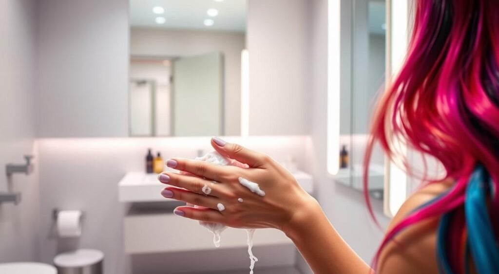 A vibrant bathroom scene with a sleek, modern aesthetic. In the foreground, a woman's hands gently massaging shampoo into luscious, color-treated hair, demonstrating the proper washing technique to preserve the vibrancy of the hue. The middle ground features a minimalist vanity with haircare products, while the background showcases a large, well-lit mirror reflecting the scene. Soft, diffused lighting creates a soothing, spa-like ambiance, enhancing the overall feeling of a carefully curated hair care routine. The image conveys a sense of pampering and attention to detail, perfectly capturing the theme of "Techniques de lavage adaptées pour préserver la coloration". A vibrant bathroom scene with a sleek, modern aesthetic. In the foreground, a woman's hands gently massaging shampoo into luscious, color-treated hair, demonstrating the proper washing technique to preserve the vibrancy of the hue. The middle ground features a minimalist vanity with haircare products, while the background showcases a large, well-lit mirror reflecting the scene. Soft, diffused lighting creates a soothing, spa-like ambiance, enhancing the overall feeling of a carefully curated hair care routine. The image conveys a sense of pampering and attention to detail, perfectly capturing the theme of "Techniques de lavage adaptées pour préserver la coloration".