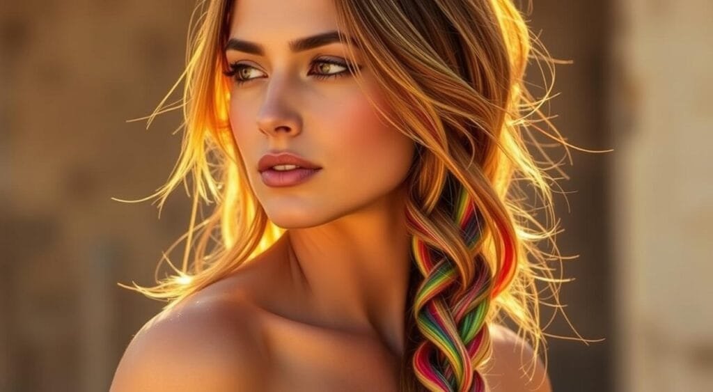 A vibrant, bohemian-style braid cascading down the model's shoulder, revealing colorful highlights that dance with the movement of her hair. The lighting is warm and natural, casting a soft, golden glow that enhances the vibrancy of the hues. The braid is expertly crafted, with loose, textured strands that create an effortless, carefree aesthetic. The model's expression is serene, her gaze directed slightly off-camera, conveying a sense of tranquility and contentment. The background is blurred, allowing the focus to remain on the captivating hairstyle and its vivid color palette. A vibrant, bohemian-style braid cascading down the model's shoulder, revealing colorful highlights that dance with the movement of her hair. The lighting is warm and natural, casting a soft, golden glow that enhances the vibrancy of the hues. The braid is expertly crafted, with loose, textured strands that create an effortless, carefree aesthetic. The model's expression is serene, her gaze directed slightly off-camera, conveying a sense of tranquility and contentment. The background is blurred, allowing the focus to remain on the captivating hairstyle and its vivid color palette.