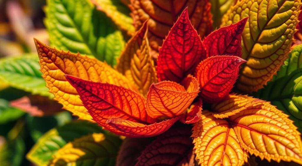 A vibrant close-up of plant coloration, capturing the intricate patterns and diverse hues of a lush, thriving foliage. The foreground showcases a selection of leaves, each with a distinct gradient of color - from rich emerald greens to warm golden tones, and hints of autumnal reds and purples. The middle ground blurs into a soft, out-of-focus background, allowing the viewer to focus on the captivating details of the plant's cellular structures and pigmentation. Bright, directional lighting casts dramatic shadows, accentuating the textures and contours of the leaves. The overall mood is one of natural beauty, balance, and the harmonious coexistence of various shades within a single organism. A vibrant close-up of plant coloration, capturing the intricate patterns and diverse hues of a lush, thriving foliage. The foreground showcases a selection of leaves, each with a distinct gradient of color - from rich emerald greens to warm golden tones, and hints of autumnal reds and purples. The middle ground blurs into a soft, out-of-focus background, allowing the viewer to focus on the captivating details of the plant's cellular structures and pigmentation. Bright, directional lighting casts dramatic shadows, accentuating the textures and contours of the leaves. The overall mood is one of natural beauty, balance, and the harmonious coexistence of various shades within a single organism.