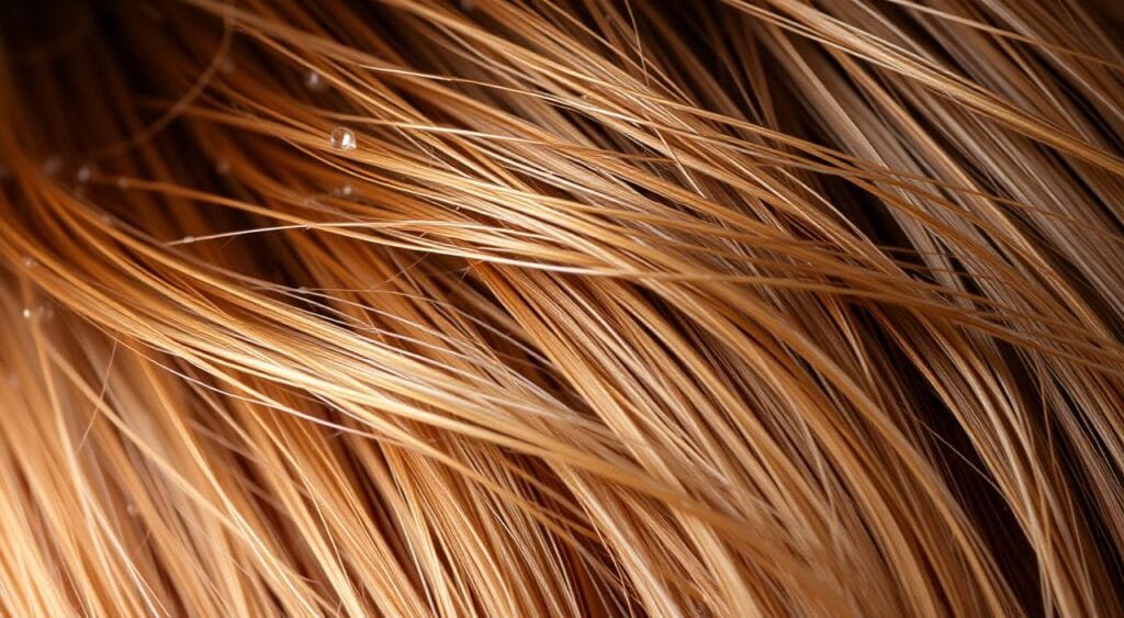 A vibrant closeup of healthy, moisturized hair strands, showcasing the porosity of the hair cuticle. The image has a sharp focus, accentuating the intricate texture and highlighting the hair's ability to absorb and retain moisture. Soft, diffused lighting illuminates the hair, creating a warm, natural ambiance. The hair appears clean, free of product buildup, and the color is rich and vibrant. The composition places the hair as the central focus, allowing the viewer to examine the fundamental aspects of porous hair in detail. Comment traiter efficacement les cheveux poreux colorés