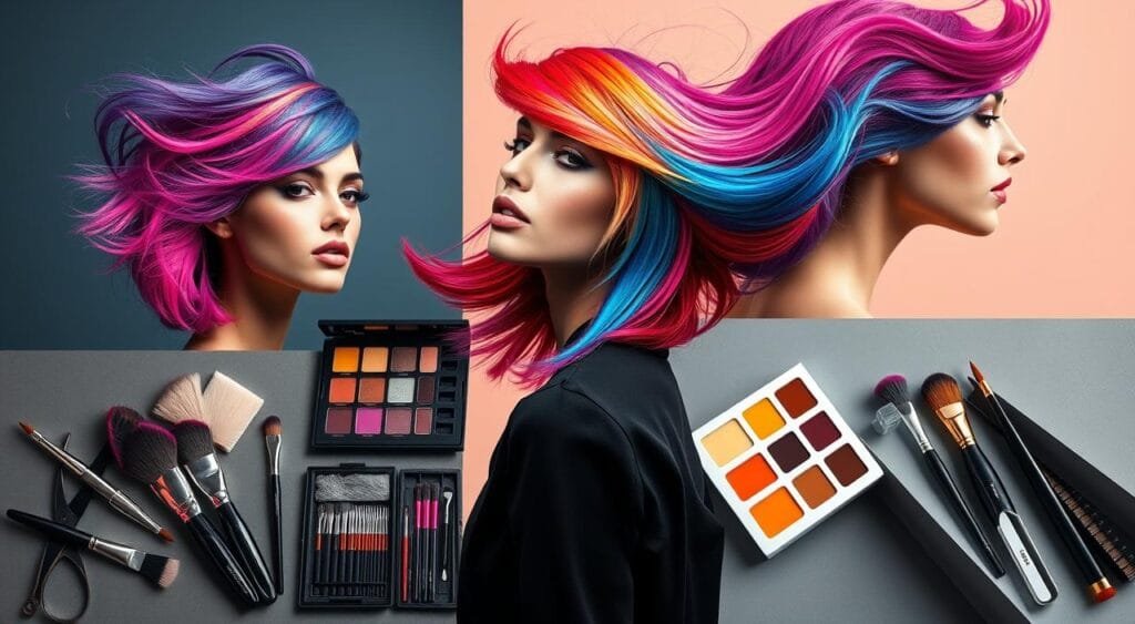 A vibrant collage of innovative hair coloring techniques, showcasing a diverse array of hues and techniques. The foreground features a dynamic model with boldly colored, expertly styled hair, captured in a stylish, high-fashion pose under dramatic studio lighting. The middle ground highlights various hair coloring tools, brushes, and color palettes, while the background subtly hints at a modern, minimalist salon setting with sleek, angular surfaces and muted tones that complement the vivid color accents. The overall aesthetic conveys a sense of creativity, sophistication, and the cutting edge of hair coloring innovation. A vibrant collage of innovative hair coloring techniques, showcasing a diverse array of hues and techniques. The foreground features a dynamic model with boldly colored, expertly styled hair, captured in a stylish, high-fashion pose under dramatic studio lighting. The middle ground highlights various hair coloring tools, brushes, and color palettes, while the background subtly hints at a modern, minimalist salon setting with sleek, angular surfaces and muted tones that complement the vivid color accents. The overall aesthetic conveys a sense of creativity, sophistication, and the cutting edge of hair coloring innovation.