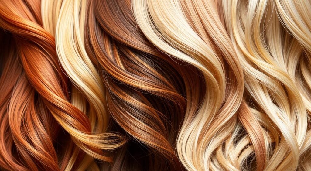 A vibrant collage of natural hair colors, showcasing a diverse range of hues from rich auburn to shimmering blonde highlights, gently illuminated by soft, diffused lighting. The strands flow gracefully, creating a sense of movement and vitality. The image captures the beauty and versatility of alternative hair coloring methods, free from the harsh chemicals often associated with traditional dyes. The composition emphasizes the organic, healthy appearance of the hair, hinting at the gentle, nourishing formulas used to achieve these captivating tones. An inspiring representation of the allergy-friendly, sustainable hair care solutions presented in the article's section. Comment éviter les réactions allergiques aux colorations