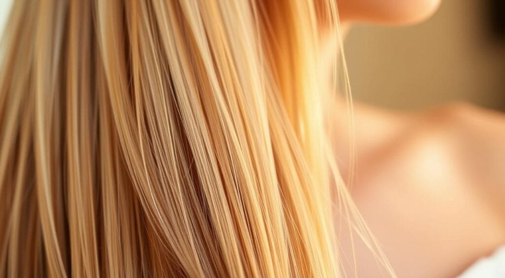A vibrant, color-rich image of a woman's hair transitioning from light blonde to deep brown hues. The foreground captures the hair strands in crisp detail, showcasing the color gradient as it flows from roots to ends. The middle ground highlights the healthy, glossy texture of the hair, with subtle highlights and shadows accentuating the depth of the tones. The background is softly blurred, creating a serene, spa-like atmosphere, emphasizing the careful preparation and care required for this color transformation. Warm, natural lighting from the side casts a gentle glow, casting a soothing, salon-like ambiance. The overall composition conveys the careful, thoughtful process of transitioning hair color without damage. A vibrant, color-rich image of a woman's hair transitioning from light blonde to deep brown hues. The foreground captures the hair strands in crisp detail, showcasing the color gradient as it flows from roots to ends. The middle ground highlights the healthy, glossy texture of the hair, with subtle highlights and shadows accentuating the depth of the tones. The background is softly blurred, creating a serene, spa-like atmosphere, emphasizing the careful preparation and care required for this color transformation. Warm, natural lighting from the side casts a gentle glow, casting a soothing, salon-like ambiance. The overall composition conveys the careful, thoughtful process of transitioning hair color without damage.