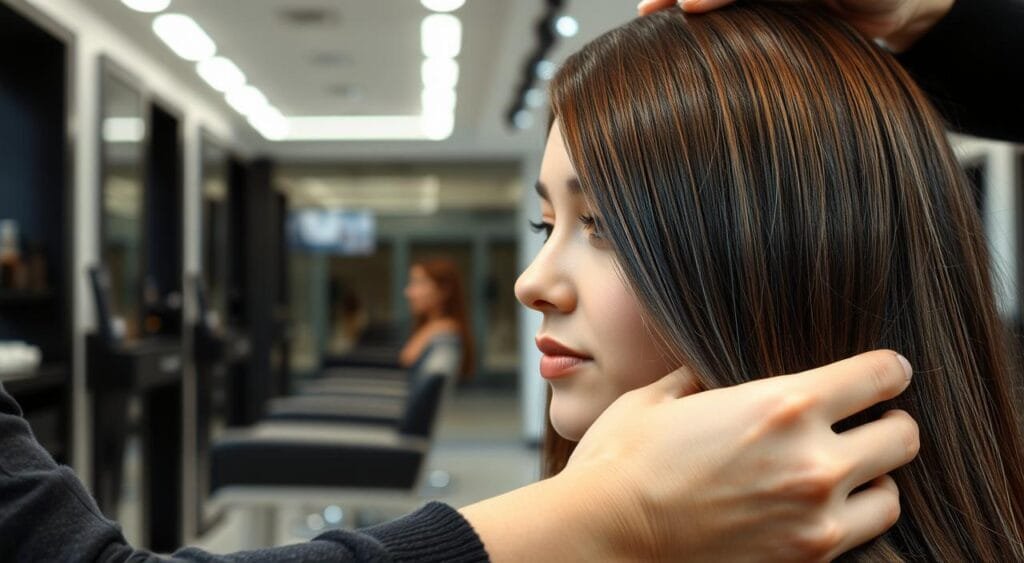 A vibrant, detailed image of "coloration capillaire" (hair coloring) showcasing the difference between at-home and salon coloring. The scene depicts a well-lit, modern salon setting with a hairstylist meticulously applying hair color to a client's locks. In the foreground, the hairstylist's skilled hands gently massage the color into the hair, creating a rich, even tone. In the middle ground, the client's face is partially visible, conveying a serene, relaxed expression as they enjoy the pampering experience. The background features sleek, minimalist salon decor, with clean lines and a neutral color palette that allows the coloring process to take center stage. The overall atmosphere is one of professionalism, expertise, and the transformative power of salon-quality hair coloring. 5 erreurs fréquentes lors de l'application d'une coloration