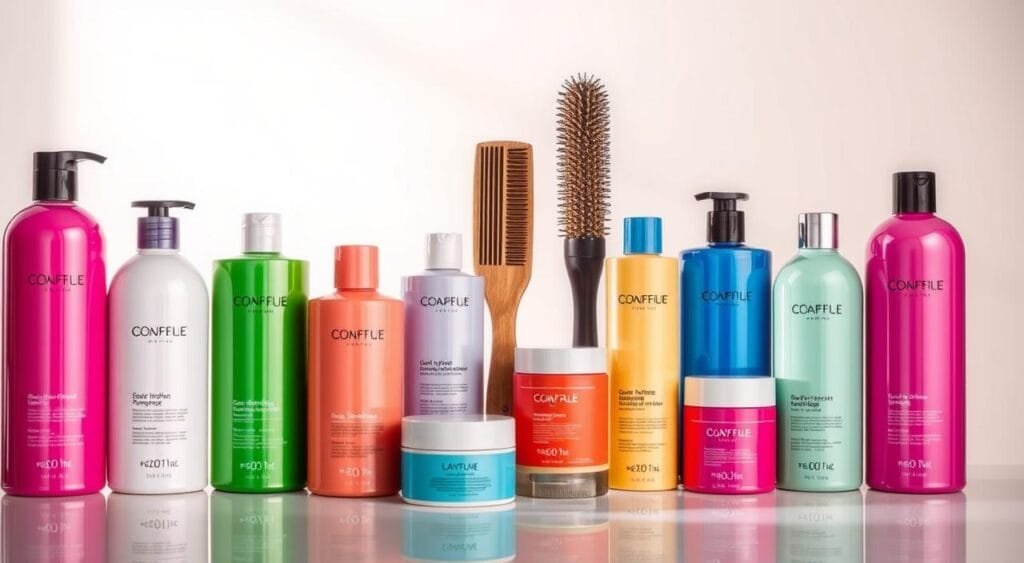 A vibrant display of hair care products, meticulously arranged against a clean, minimalist background. In the foreground, an assortment of shampoos, conditioners, and hair masks in various hues, each bottle reflecting the light with a glossy sheen. The middle ground features a selection of styling tools, including a wide-toothed comb and a boar bristle brush, their shapes and textures complementing the product lineup. In the background, a soft, diffused lighting emanates, creating a sense of warmth and focus on the featured items. The overall composition conveys a sense of professional expertise and the promise of revitalized, color-treated porous hair. Comment traiter efficacement les cheveux poreux colorés